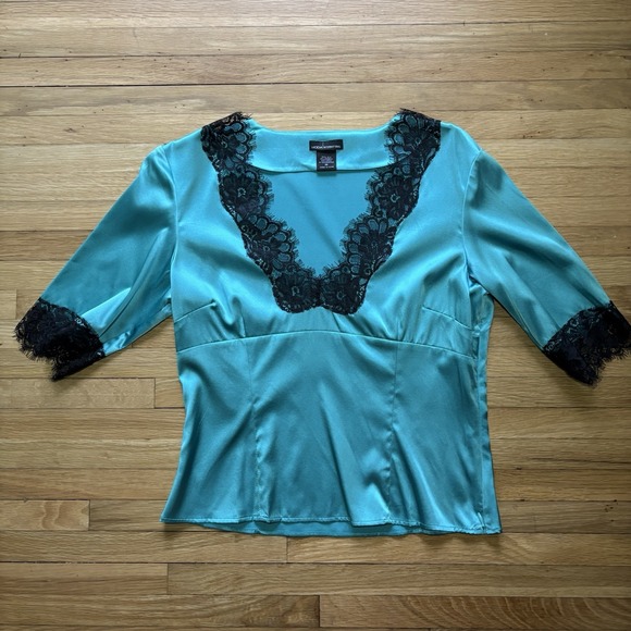 Vintage Y2K Silk & Lace Top M  Turquoise 3/4 Sleeve V-Neck Coquette FairyCore - Picture 8 of 11